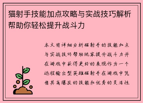 猫射手技能加点攻略与实战技巧解析帮助你轻松提升战斗力